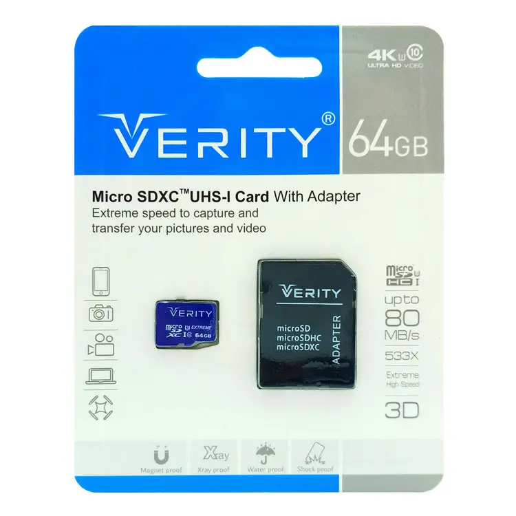 رم میکرو 64 گیگ VERITY مدل U3 80MB/s 533X آداپتور دار